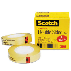 665 Double-Sided Tape, 1/2" x 900", 1" Core, Clear, 2/Pack by 3M/COMMERCIAL TAPE DIV.