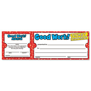 Good Work Ticket Awards, 8 1/2w x 2 3/4h, 100 2-Part Tickets/Pack by SCHOLASTIC INC.