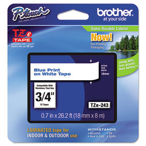 Brother Industries, Ltd TZE243 TZe Standard Adhesive Laminated Labeling Tape, 3/4w, Blue on White by BROTHER INTL. CORP.