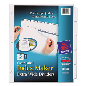 Avery 11438 Print & Apply Clear Label Dividers w/White Tabs, 5-Tab, 11 1/4 x 9 1/4 by AVERY-DENNISON