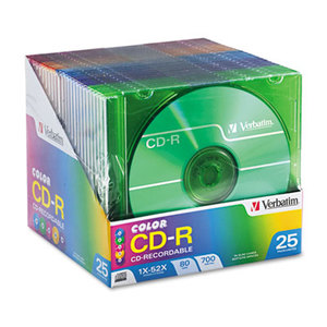 CD-R Discs, 700MB/80min, 52x, Slim Jewel Cases, Assorted Colors, 25/Pack by VERBATIM CORPORATION