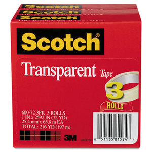 3M 600-72-3PK Transparent Tape 600 72 3PK, 1" x 2592", 3" Core, Transparent, 3/Pack by 3M/COMMERCIAL TAPE DIV.