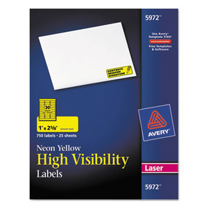 Avery 5972 High Visibility Rectangle Laser Labels, 1 x 2 5/8, Neon Yellow, 750/Pack by AVERY-DENNISON