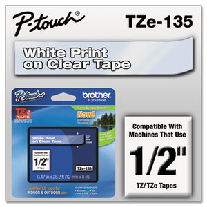Brother Industries, Ltd TZE135 TZe Standard Adhesive Laminated Labeling Tape, 1/2w, White on Clear by BROTHER INTL. CORP.