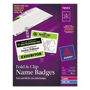 Avery 74553 Fold & Clip Badges, 3 x 4, White, 30/Box by AVERY-DENNISON
