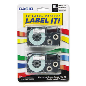 Casio Computer Co., Ltd XR18WE2S Tape Cassettes for KL Label Makers, 18mm x 26ft, Black on White, 2/Pack by CASIO, INC.