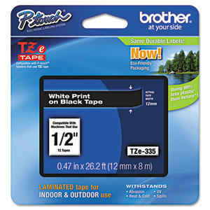 Brother Industries, Ltd TZE335 TZe Standard Adhesive Laminated Labeling Tape, 1/2w, White on Black by BROTHER INTL. CORP.