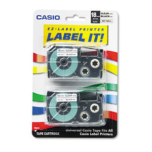 Casio Computer Co., Ltd XR18X2S Tape Cassettes for KL Label Makers, 18mm x 26ft, Black on Clear, 2/Pack by CASIO, INC.