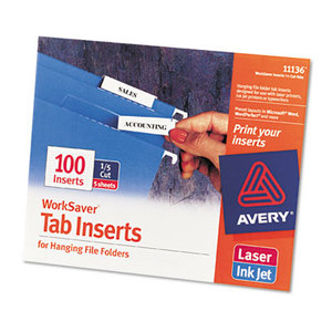 Avery 11136 Printable Inserts for Hanging File Folders, 1/5 Tab, Two, White, 100/Pack by AVERY-DENNISON