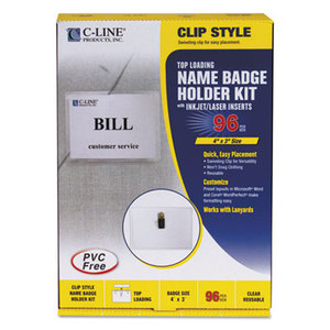 Name Badge Kits, Top Load, 4 x 3, White, Clip Style, 96/Box by C-LINE PRODUCTS, INC