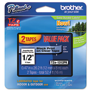 Brother Industries, Ltd TZE1312PK TZe Standard Adhesive Laminated Labeling Tapes, 1/2w, Black on Clear, 2/Pack by BROTHER INTL. CORP.