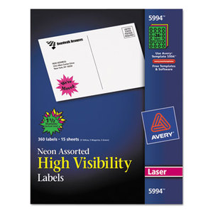 Avery 5978 High Visibility Rectangle Laser Labels, 2 x 4, Assorted Neons, 150/Pack by AVERY-DENNISON