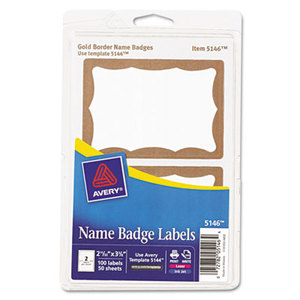 Printable Self-Adhesive Name Badges, 2-11/32 x 3-3/8, Gold Border, 100/Pack by AVERY-DENNISON