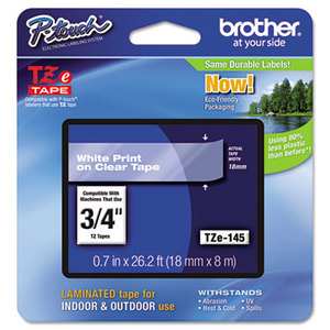 Brother Industries, Ltd TZE145 TZe Standard Adhesive Laminated Labeling Tape, 3/4w, White on Clear by BROTHER INTL. CORP.