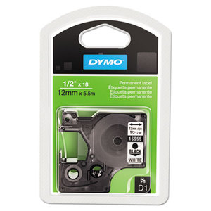 DYMO 16955 D1 Permanent High-Performance Polyester Label Tape, 1/2in x 18ft, Black on White by DYMO