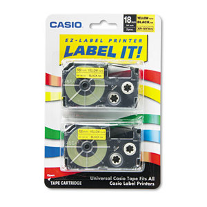 Casio Computer Co., Ltd XR18YW2S Tape Cassettes for KL Label Makers, 18mm x 26ft, Black on Yellow, 2/Pack by CASIO, INC.