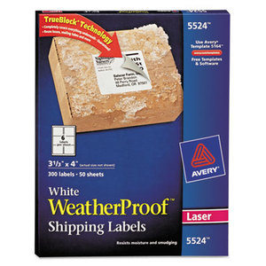 Avery 5524 WeatherProof Mailing Labels w/TrueBlock, Laser, White, 3 1/3 x 4, 300/Pack by AVERY-DENNISON