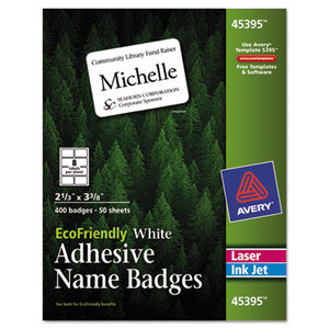 Avery 45395 EcoFriendly Adhesive Name Badge Labels, 2 1/3 x 3 3/8, White, 400/Box by AVERY-DENNISON