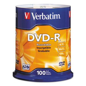 DVD-R Discs, 4.7GB, 16x, Spindle, Silver, 100/Pack by VERBATIM CORPORATION