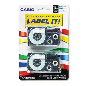 Casio Computer Co., Ltd XR18WEB2S Tape Cassettes for KL Label Makers, 18mm x 26ft, Blue on White, 2/Pack by CASIO, INC.