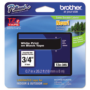 Brother Industries, Ltd TZE345 TZe Standard Adhesive Laminated Labeling Tape, 3/4w, White on Black by BROTHER INTL. CORP.