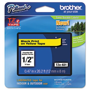 Brother Industries, Ltd TZE631 TZe Standard Adhesive Laminated Labeling Tape, 1/2w, Black on Yellow by BROTHER INTL. CORP.