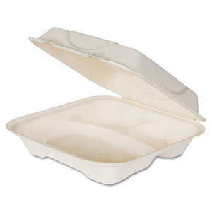 Hot Food Container, Sugarcane, Hinged, 3-Comp, 9 x 9 x 3, White, 200/Carton by ECO-PRODUCTS,INC.