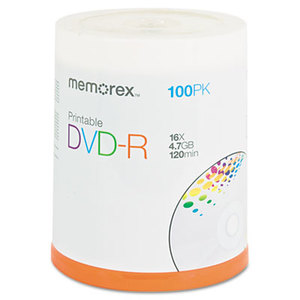 MEMOREX 32025642 Inkjet Printable DVD-R Discs, 4.7GB, 16x, Spindle, Matte White, 100/Pack by MEMOREX