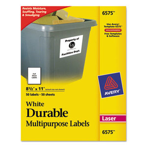 Avery 6575 Permanent ID Labels w/TrueBlock Technology, Laser, 8 1/2 x 11, White, 50/Pack by AVERY-DENNISON