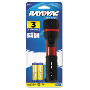Flashlight, Rubber & Aluminum, 3 V, LED, Red/Black, 2 AA by RAY-O-VAC