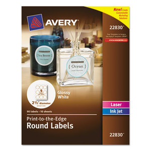 Avery 22830 Round Print-to-the-Edge Labels, 2 1/2" dia, Glossy White, 90/Pack by AVERY-DENNISON