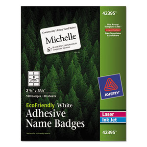 Avery 42395 EcoFriendly Adhesive Name Badge Labels, 2 1/3 x 3 3/8, White, 160/Box by AVERY-DENNISON