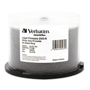 Verbatim America, LLC 95079 Inkjet Printable DVD-R Discs, 4.7GB, 16x, Spindle, White, 50/Pack by VERBATIM CORPORATION
