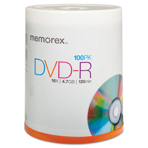 MEMOREX 32025641 DVD-R Discs, 4.7GB, 16x, Spindle, Silver, 100/Pack by MEMOREX