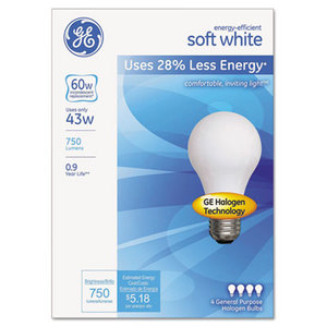 General Electric Company 66247 Halogen Bulb, Globe, 43 Watts, Soft White, 4/Pack by GENERAL ELECTRIC CO.