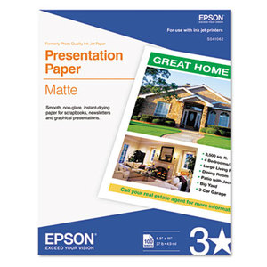 Matte Presentation Paper, 27 lbs., Matte, 8-1/2 x 11, 100 Sheets/Pack by EPSON AMERICA, INC.
