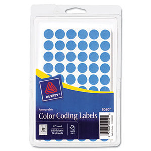 Avery 05050 Handwrite Only Removable Round Color-Coding Labels, 1/2" dia, Light Blue, 840/PK by AVERY-DENNISON