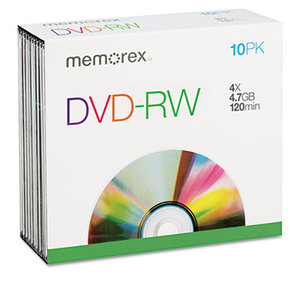 MEMOREX 32025512 DVD-RW Discs, 4.7GB, 4x, w/Slim Jewel Cases, Silver, 10/Pack by MEMOREX