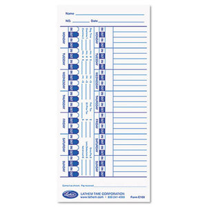 Time Card for Lathem Models 900E/1000E/1500E/5000E, White, 100/Pack by LATHEM TIME CORPORATION
