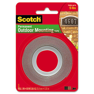 Exterior Weather-Resistant Double-Sided Tape, 1" x 60", Gray w/Red Liner by 3M/COMMERCIAL TAPE DIV.