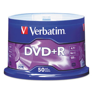 Verbatim America, LLC 95037 DVD+R Discs, 4.7GB, 16x, Spindle, Matte Silver, 50/Pack by VERBATIM CORPORATION