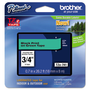Brother Industries, Ltd TZE741 TZe Standard Adhesive Laminated Labeling Tape, 0.7", Black on Green by BROTHER INTL. CORP.