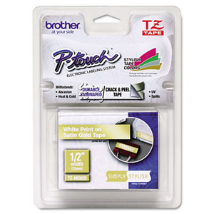 Brother Industries, Ltd TZMQ835 TZ Standard Adhesive Laminated Labeling Tape, 1/2" x 16.4 ft., White/Satin Gold by BROTHER INTL. CORP.