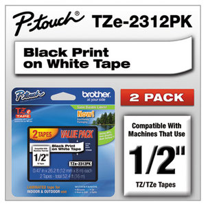 Brother Industries, Ltd TZE2312PK TZe Standard Adhesive Laminated Labeling Tapes, 1/2w, Black on White, 2/Pack by BROTHER INTL. CORP.