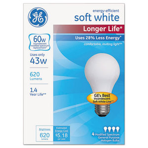 General Electric Company GEL70286 Energy-Efficient Halogen Bulb, A19, 43 W, Soft White by GENERAL ELECTRIC CO.