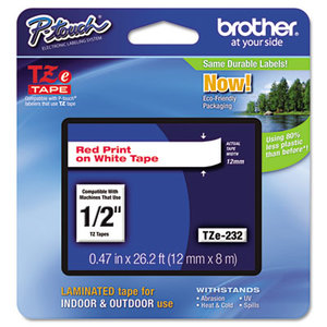 Brother Industries, Ltd TZE232 TZe Standard Adhesive Laminated Labeling Tape, 1/2w, Red on White by BROTHER INTL. CORP.