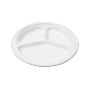 Savannah Corp NAH-P007 Compostable Sugarcane Bagasse 10 in 3-Compartment Plate, Round, White, 50/Pack by SAVANNAH SUPPLIES INC.