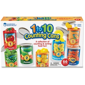 1 to 10 Counting Cans Counting fun in Aisle 10! A healthy mix of canned fruits and veggies provide hours of counting and sorting fun. Lightweight cans stack or store in a retail-style carton. Activity Guide included. Ages 3+ by Learning Resources