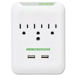 Surge Protector, Wall Tap, 3 Outlets,2 USB Ports, White by Compucessory
