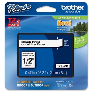 Brother Industries, Ltd TZE231 Laminated Tape Cartridge, For TZ Models, 1/2", Black/White by Brother